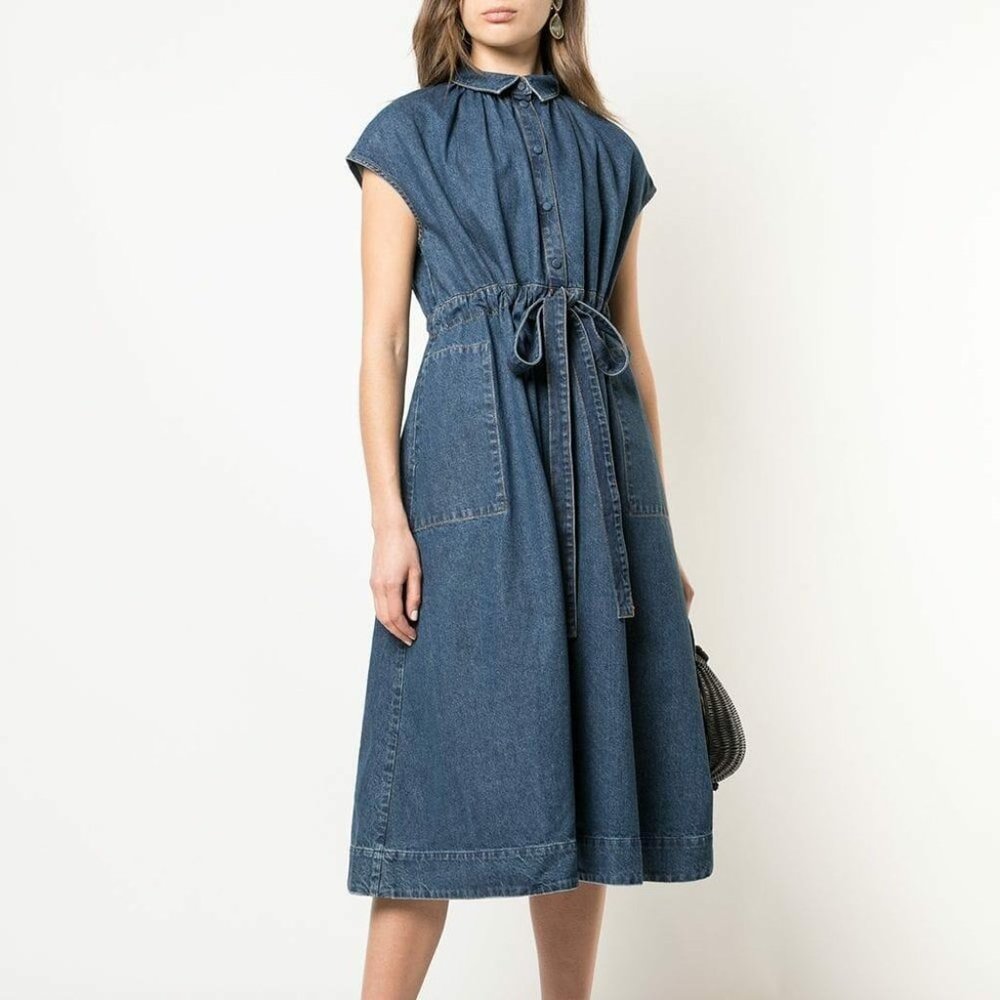 CO Denim Tie Waist Cap Sleeve Cotton Shirtdress Sz S Quiet Luxury Classic
